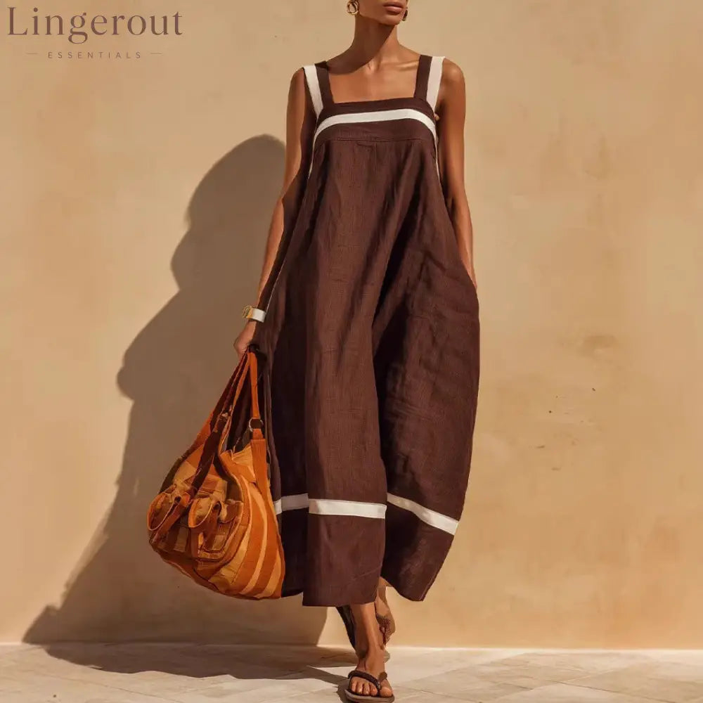 Linen Contrast White Stripe Square Neck Midi Skirt Set