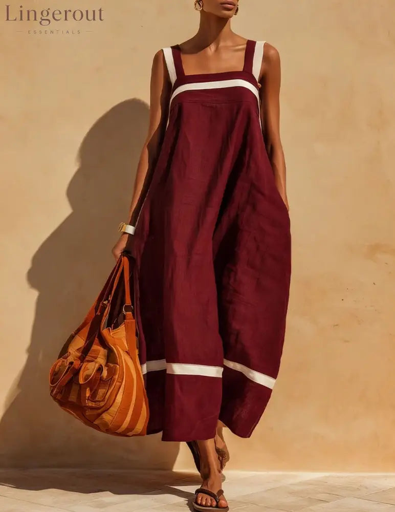 Linen Contrast White Stripe Square Neck Midi Skirt Set - Claret / S