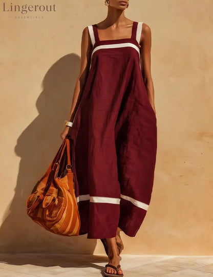 Linen Contrast White Stripe Square Neck Midi Skirt Set - Claret / S