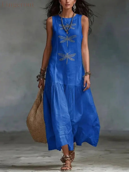 Linen Dragonfly Embroidery Sleeveless Tiered Maxi Dress - Blue / S
