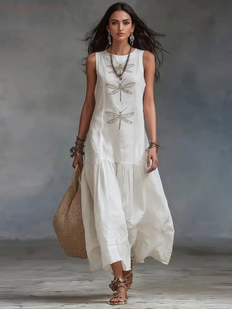 Linen Dragonfly Embroidery Sleeveless Tiered Maxi Dress - White / S