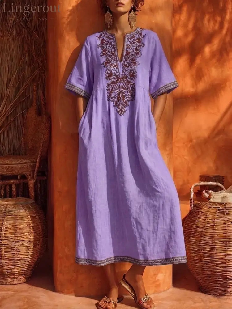 Linen Floral Embroidery V Neck Short Sleeve Midi Kaftan Dress - Purple / S