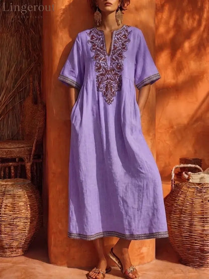 Linen Floral Embroidery V Neck Short Sleeve Midi Kaftan Dress - Purple / S