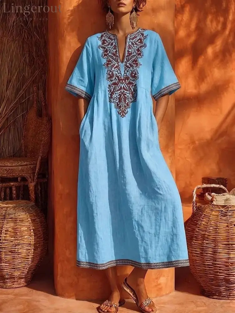 Linen Floral Embroidery V Neck Short Sleeve Midi Kaftan Dress - Sky blue / S