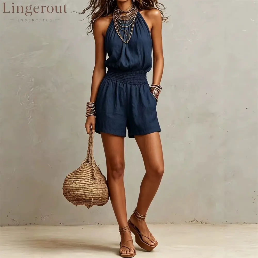 Linen Halter Smocked High Waist Short Jumpsuit
