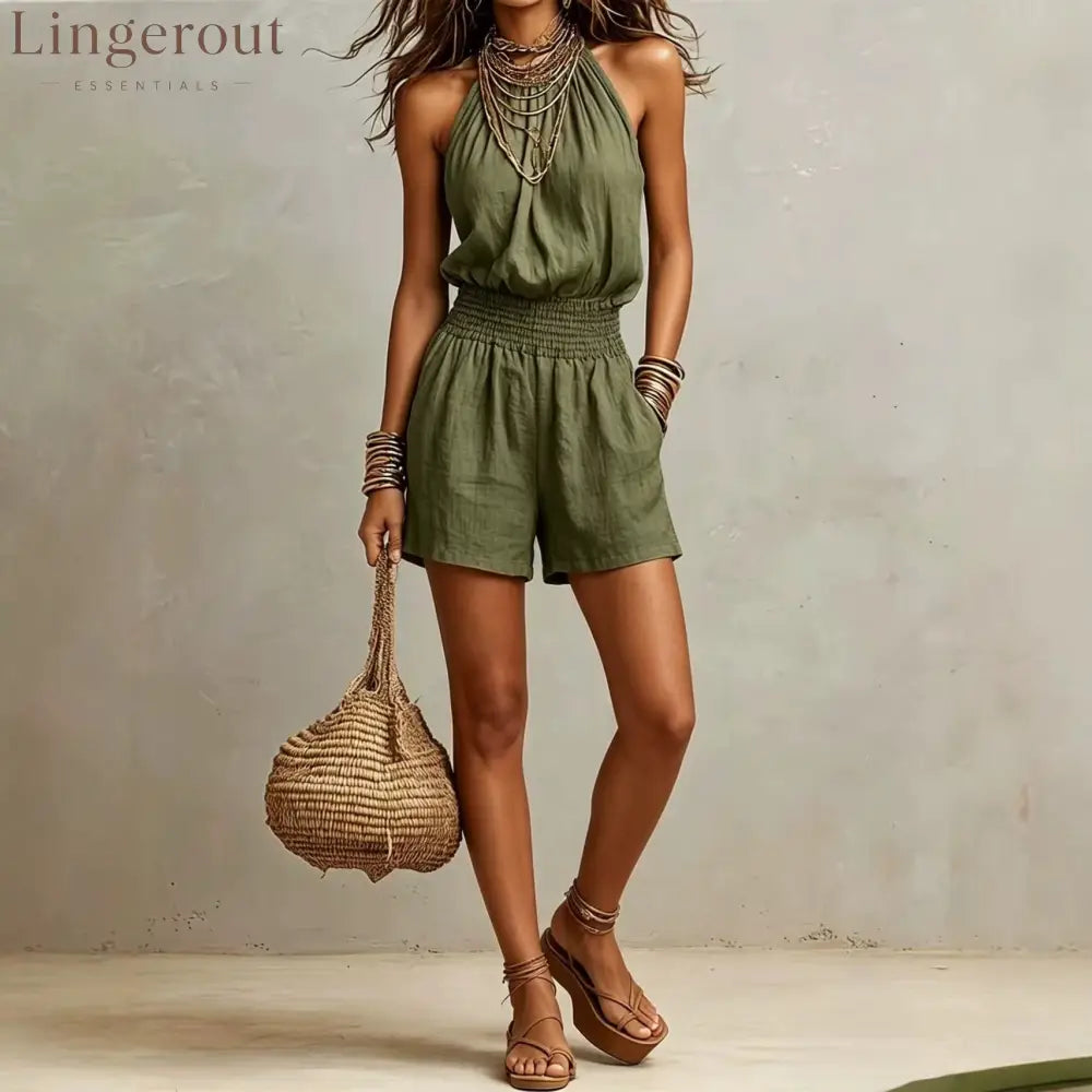 Linen Halter Smocked High Waist Short Jumpsuit