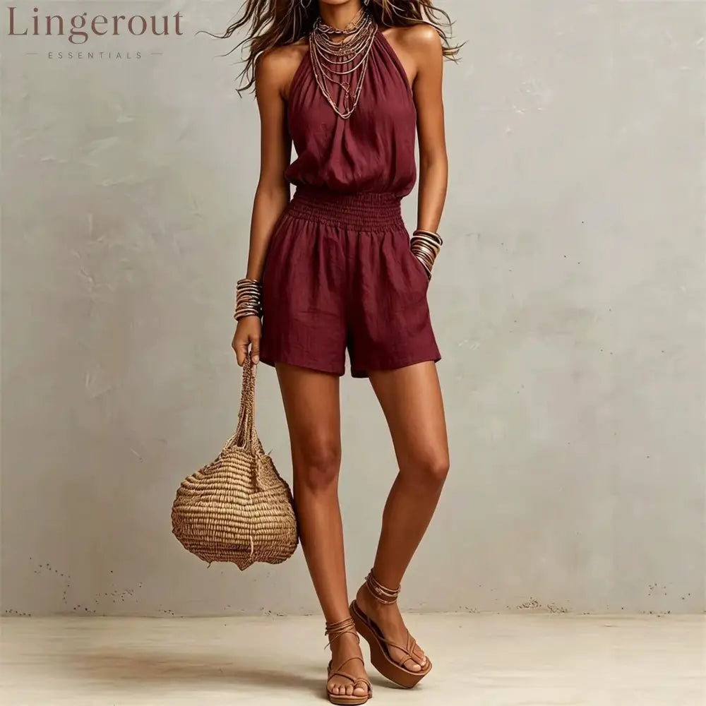 Linen Halter Smocked High Waist Short Jumpsuit