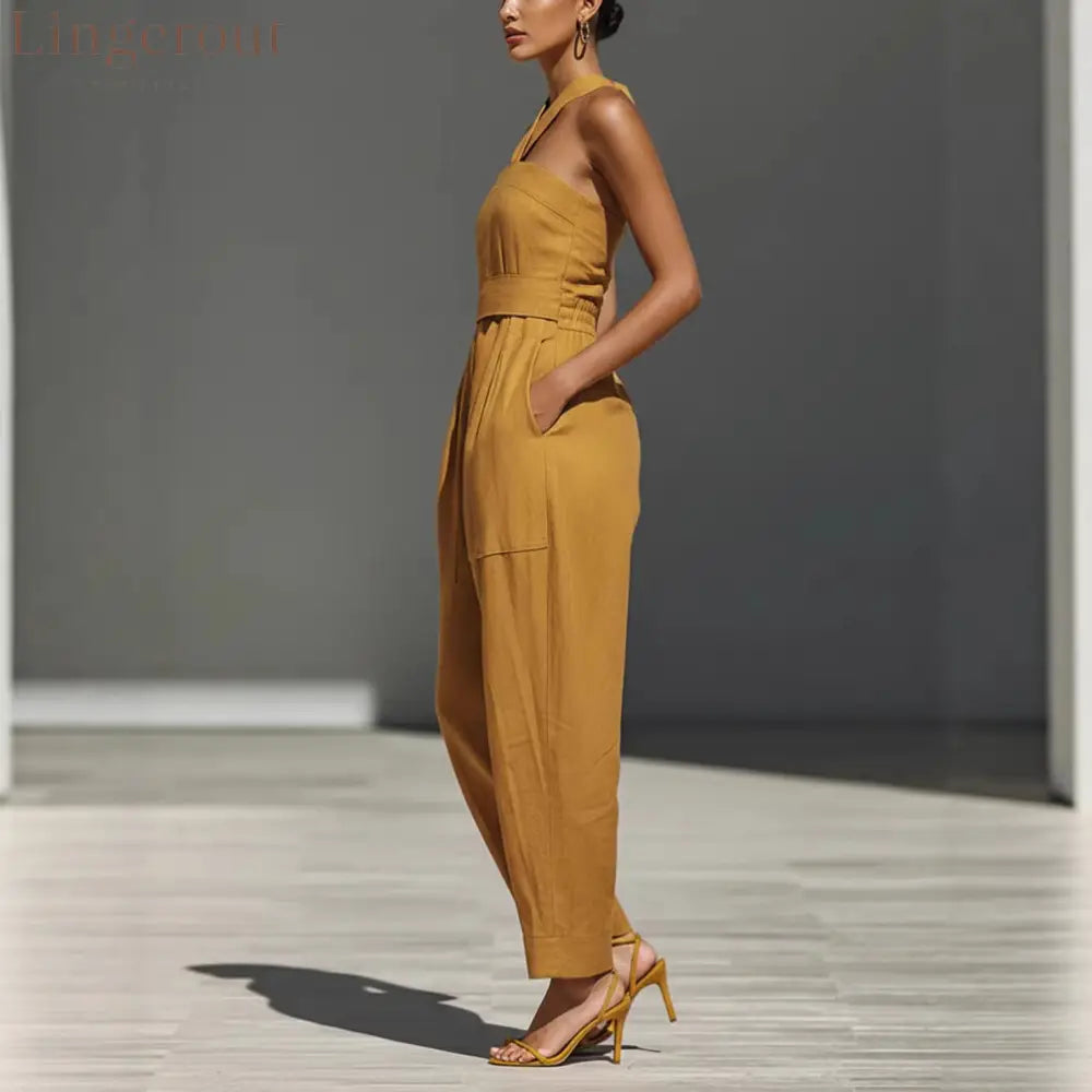 Linen Halter Wide Leg Pocketed Jumpsuit
