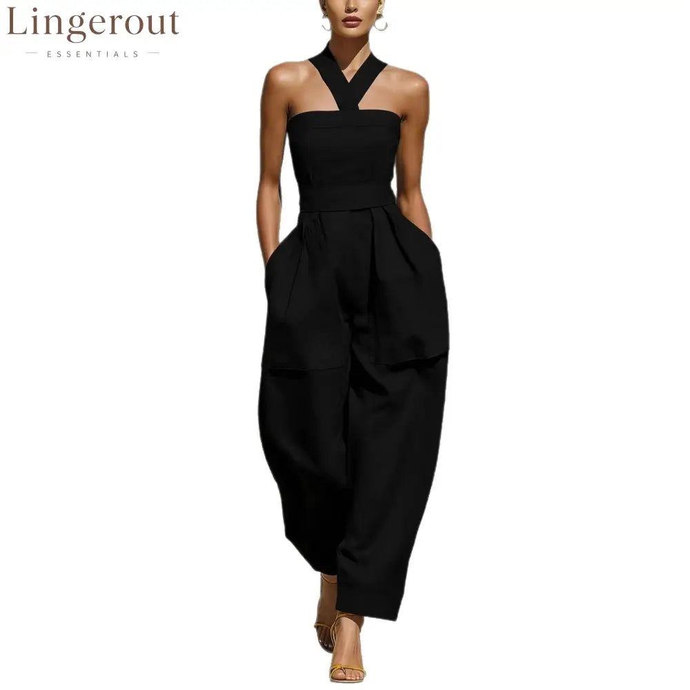 Linen Halter Wide Leg Pocketed Jumpsuit