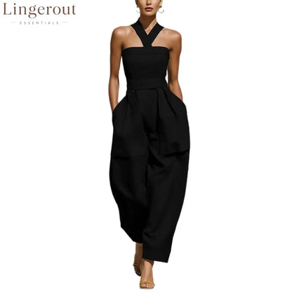 Linen Halter Wide Leg Pocketed Jumpsuit