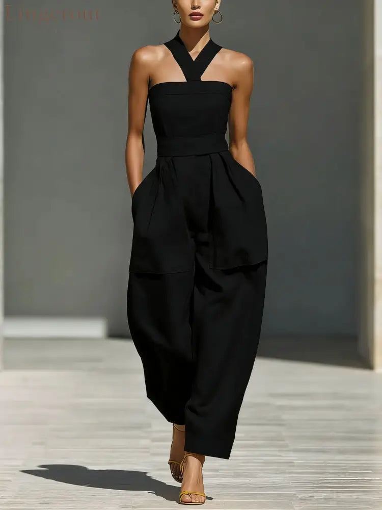 Linen Halter Wide Leg Pocketed Jumpsuit - Black / S