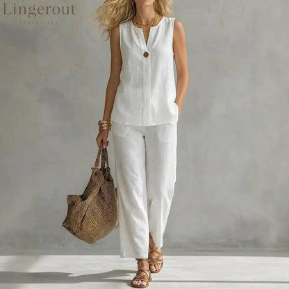 Linen Notch V-Neck Sleeveless Top & Cropped Wide Leg Pants Two Piece Set