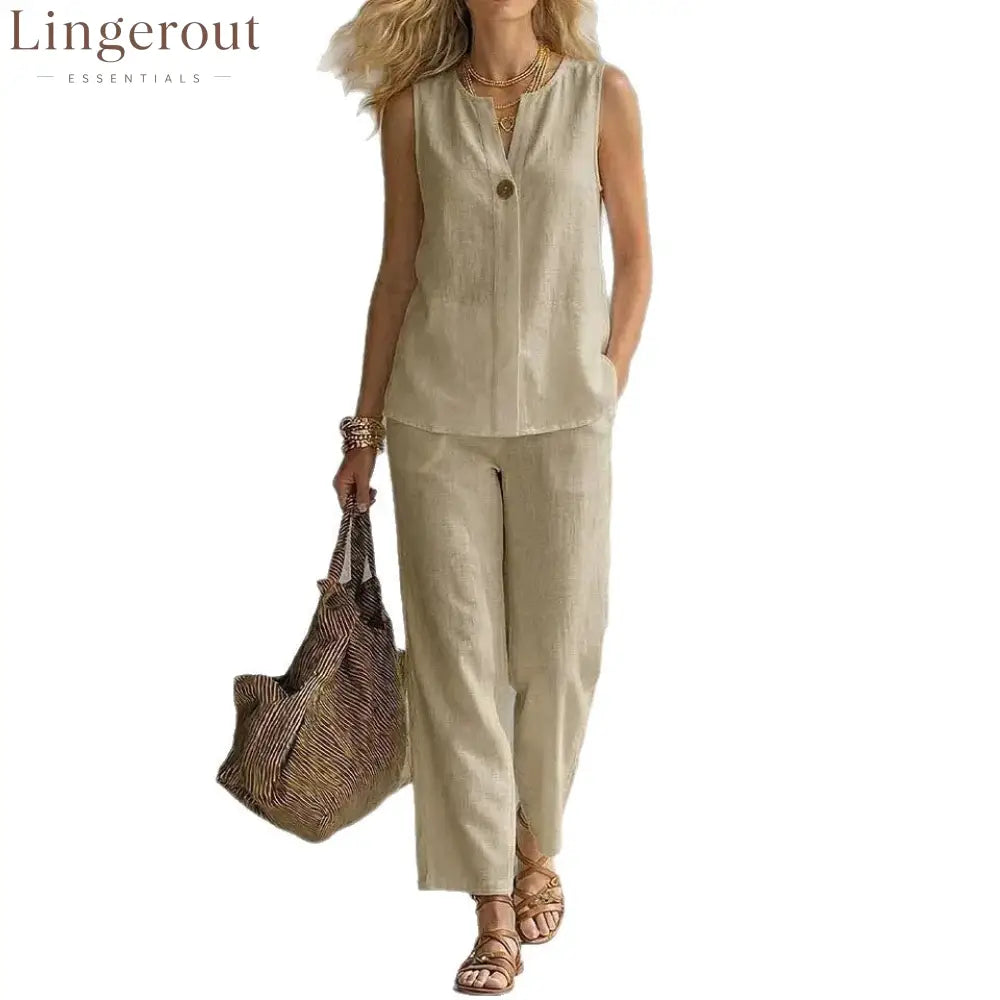 Linen Notch V-Neck Sleeveless Top & Cropped Wide Leg Pants Two Piece Set