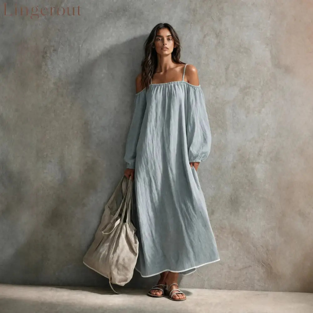 Linen Off Shoulder Bubble Sleeve Spaghetti Strap Maxi Tent Dress - Light blue / XS