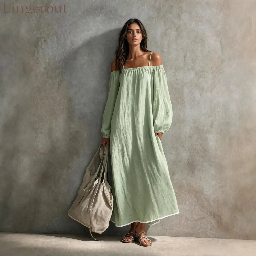 Linen Off Shoulder Bubble Sleeve Spaghetti Strap Maxi Tent Dress - Light green / XS