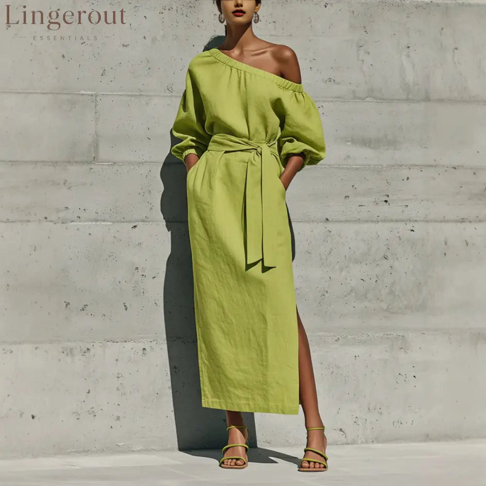 Linen One Shoulder Balloon Sleeve Self Tie Waist Side Slit Midi Dress - Green / S