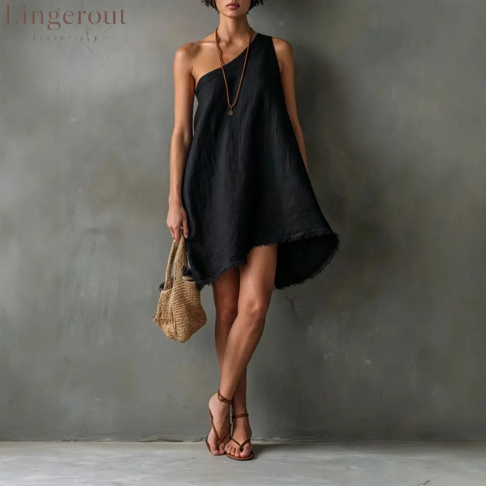 Linen One Shoulder Frayed Hem Asymmetrical Mini Swing Dress - Black / S