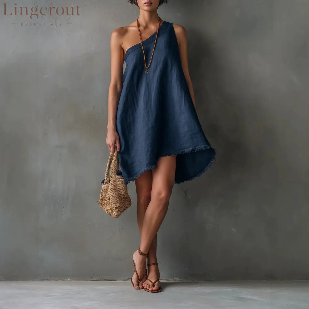Linen One Shoulder Frayed Hem Asymmetrical Mini Swing Dress - Navy blue / S