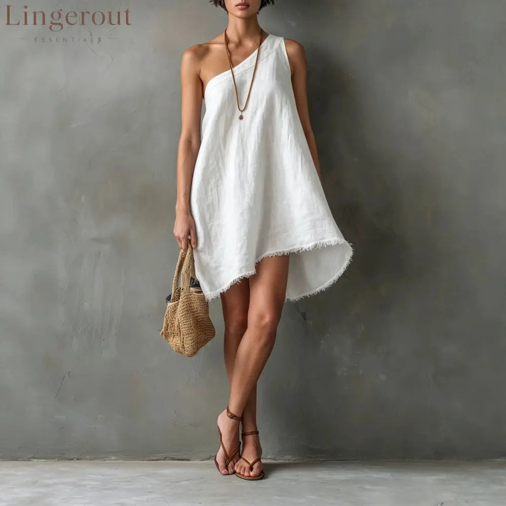 Linen One Shoulder Frayed Hem Asymmetrical Mini Swing Dress - White / S
