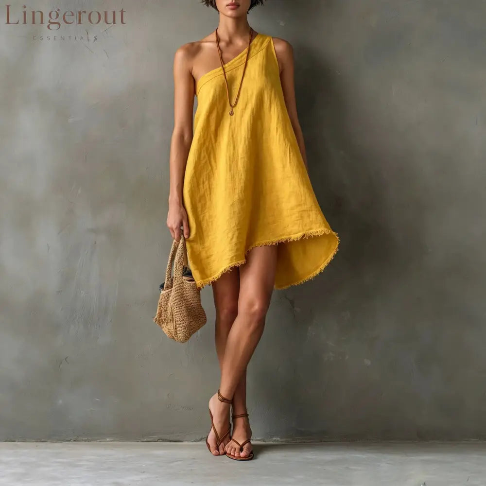 Linen One Shoulder Frayed Hem Asymmetrical Mini Swing Dress - Yellow / S