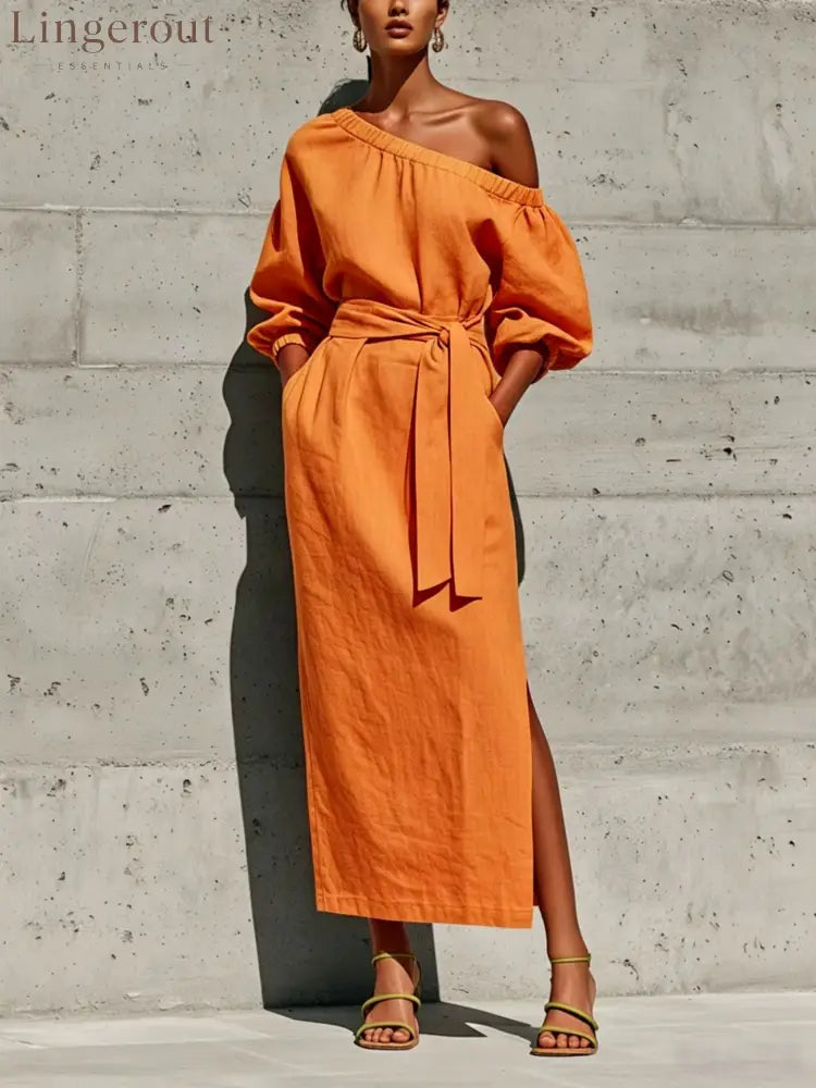 Linen One Shoulder Puff Sleeve Tie Waist Side Slit Midi Dress - Orange color / S