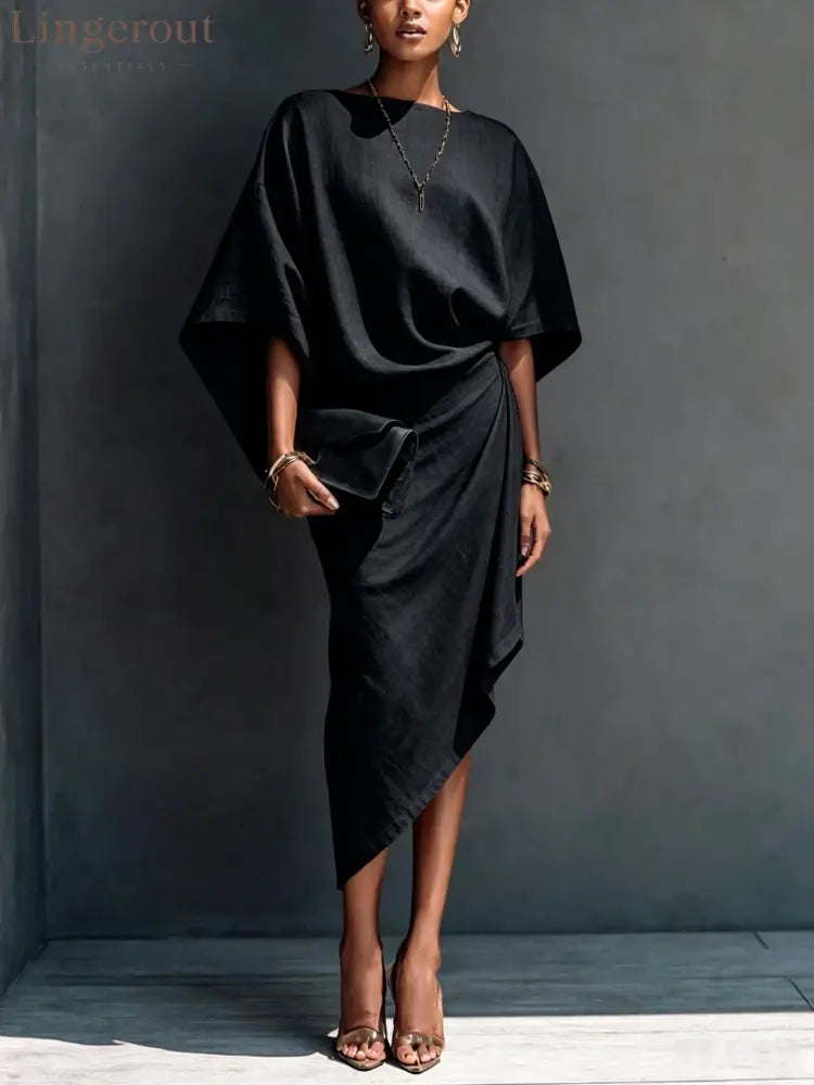 Linen Oversized Dolman Wrap Asymmetric Midi Dress - Black / S