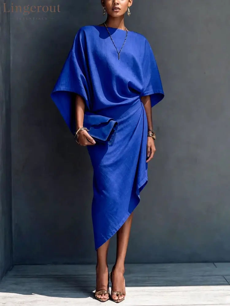 Linen Oversized Dolman Wrap Asymmetric Midi Dress - Blue / S