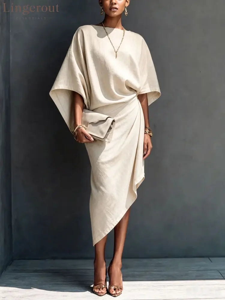 Linen Oversized Dolman Wrap Asymmetric Midi Dress - Ivory white / S