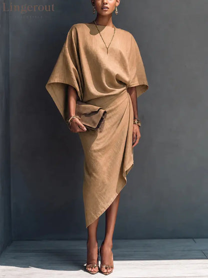 Linen Oversized Dolman Wrap Asymmetric Midi Dress - Khaki / S