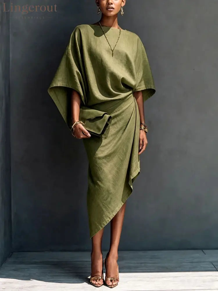 Linen Oversized Dolman Wrap Asymmetric Midi Dress - Olive green / S