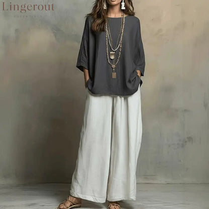 Linen Oversized Top & White Wide Leg Pants Two Piece Linen Set