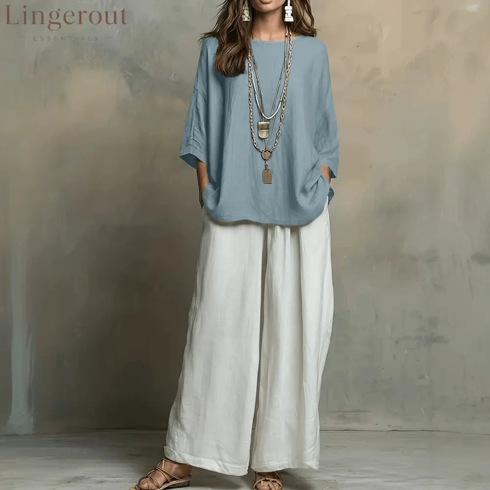 Linen Oversized Top & White Wide Leg Pants Two Piece Linen Set