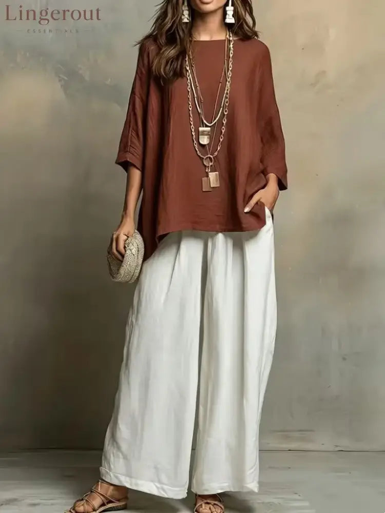 Linen Oversized Top & White Wide Leg Pants Two Piece Linen Set - Caramel color / S