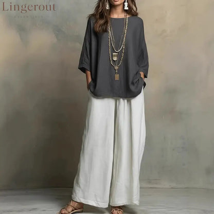 Linen Oversized Top & White Wide Leg Pants Two Piece Linen Set - Dark gray / S