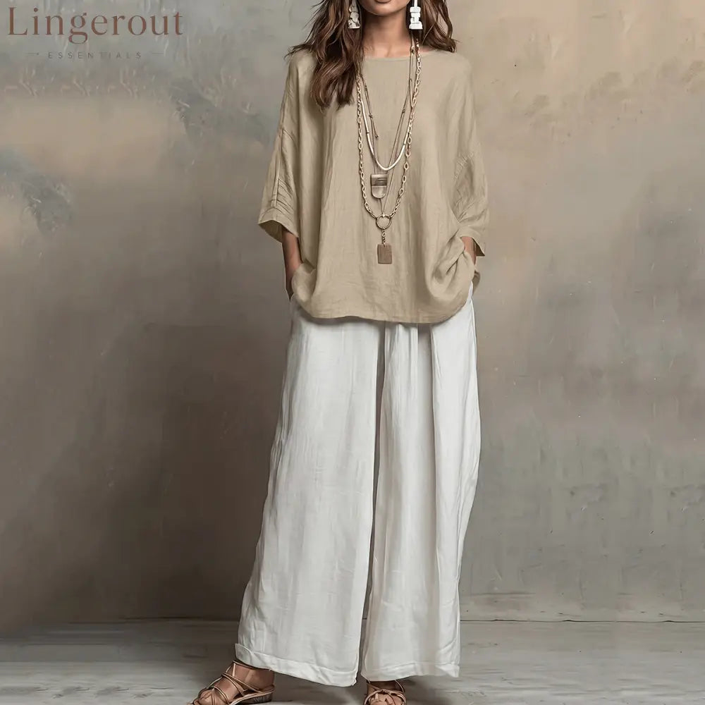 Linen Oversized Top & White Wide Leg Pants Two Piece Linen Set - Khaki / S