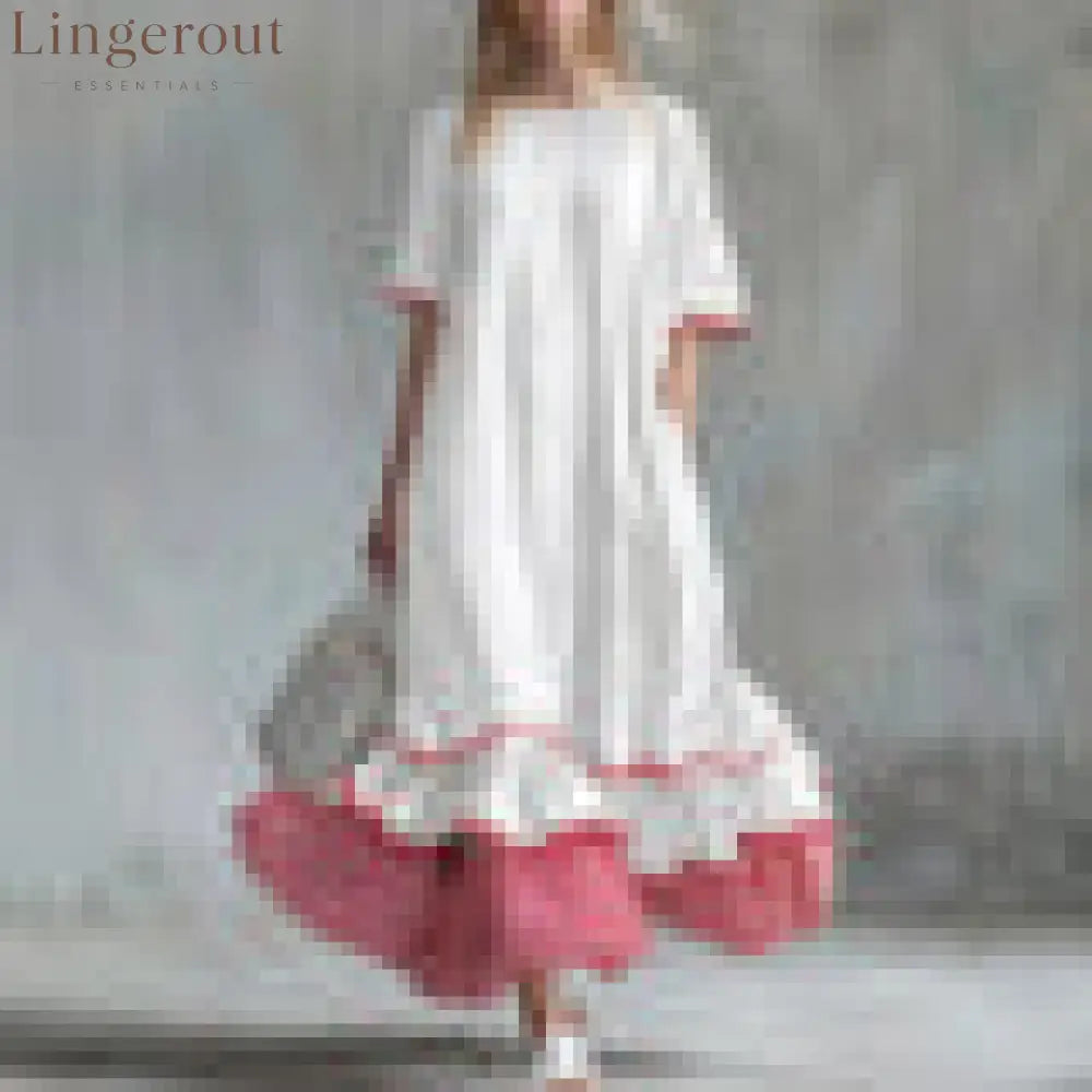Linen Piping Stripe Ruffle Hem Loose Maxi Dress