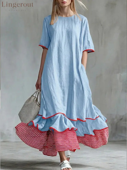 Linen Piping Stripe Ruffle Hem Loose Maxi Dress