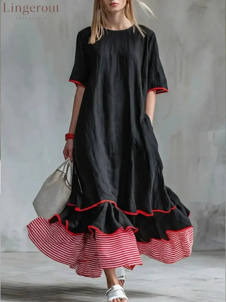 Linen Piping Stripe Ruffle Hem Loose Maxi Dress - Black / S