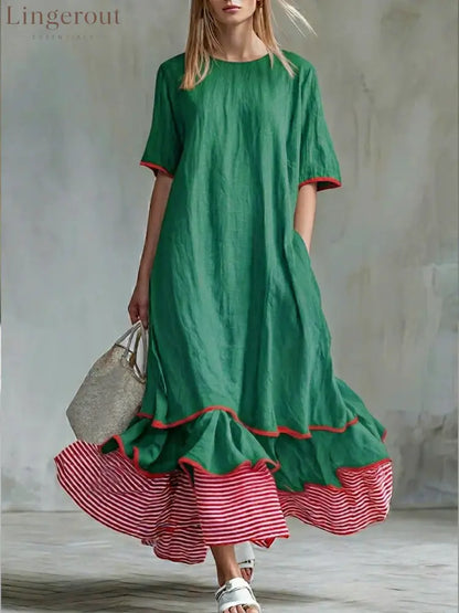 Linen Piping Stripe Ruffle Hem Loose Maxi Dress - Green / S