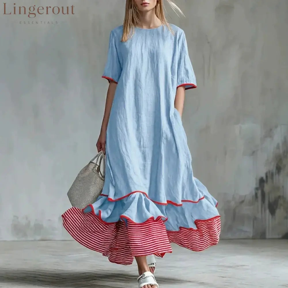 Linen Piping Stripe Ruffle Hem Loose Maxi Dress - Light blue / S