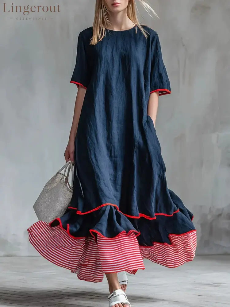 Linen Piping Stripe Ruffle Hem Loose Maxi Dress - Navy blue / S