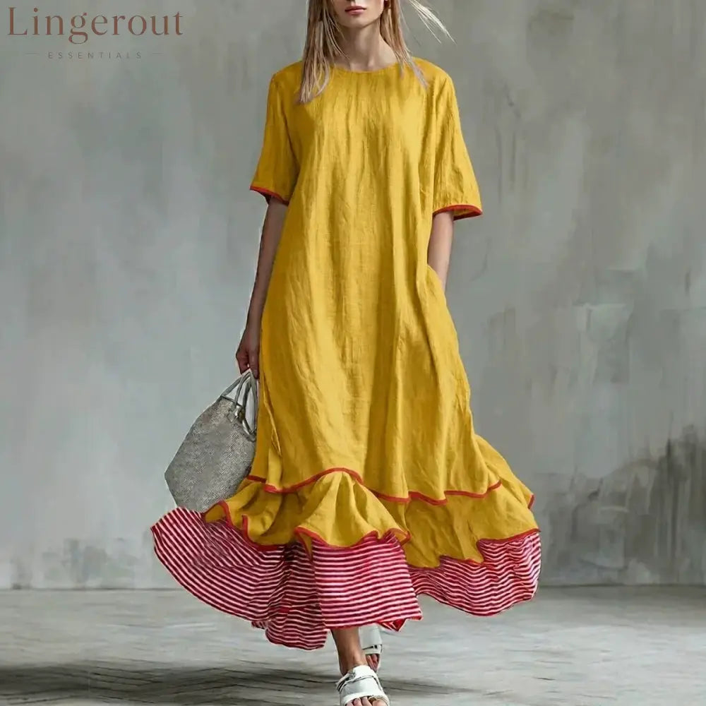 Linen Piping Stripe Ruffle Hem Loose Maxi Dress - Yellow / S