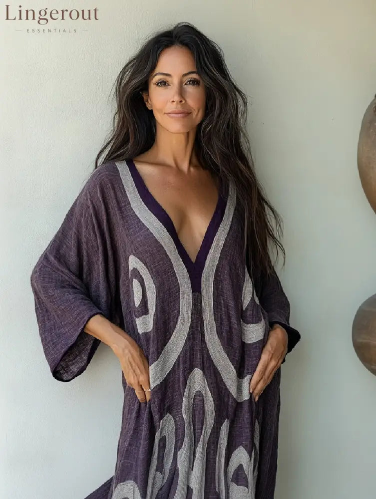 Linen Printed Kaftan Maxi Dress