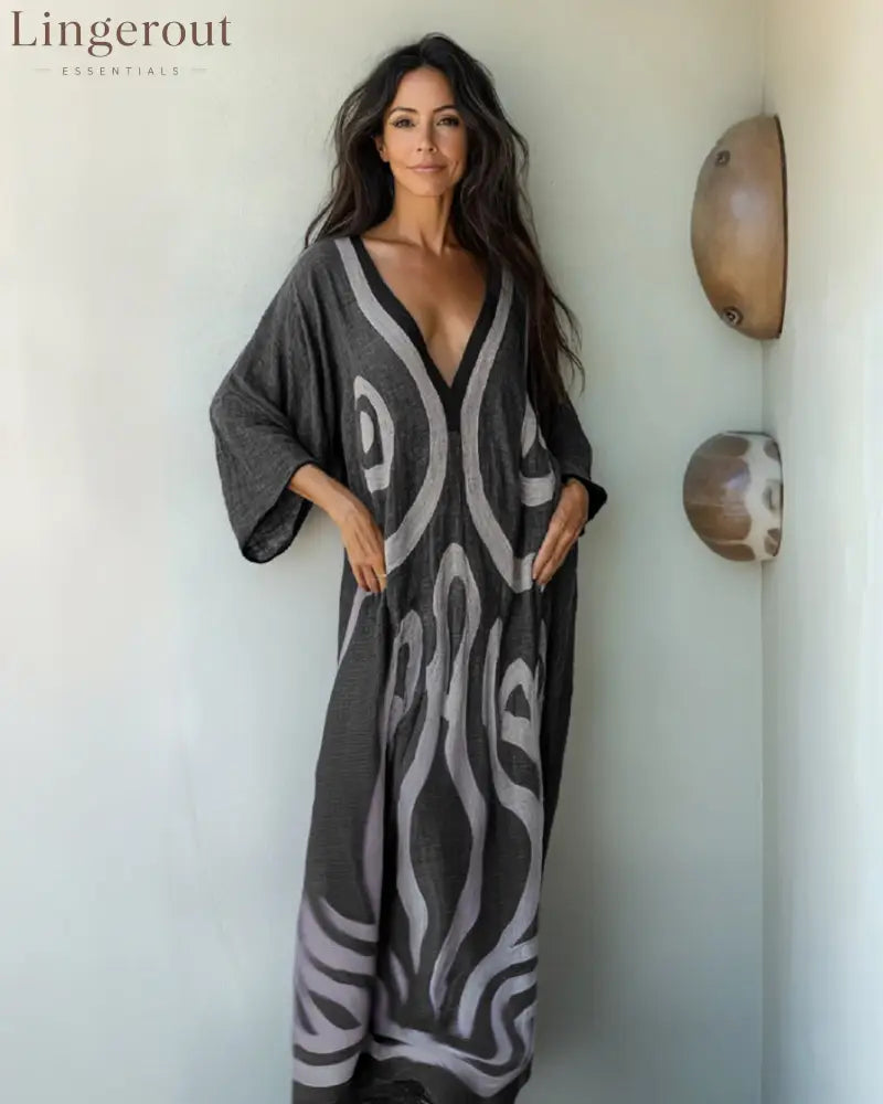Linen Printed Kaftan Maxi Dress - Gray / S