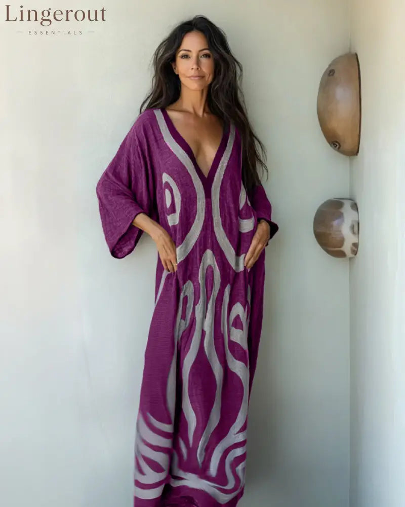 Linen Printed Kaftan Maxi Dress - Plum / S