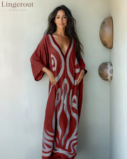 Linen Printed Kaftan Maxi Dress - Red / S