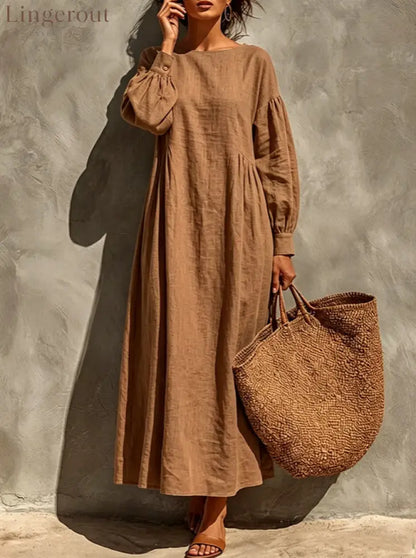 Linen Round Neck Balloon Sleeve Side Gather Midi Tent Dress - Coffee color / S