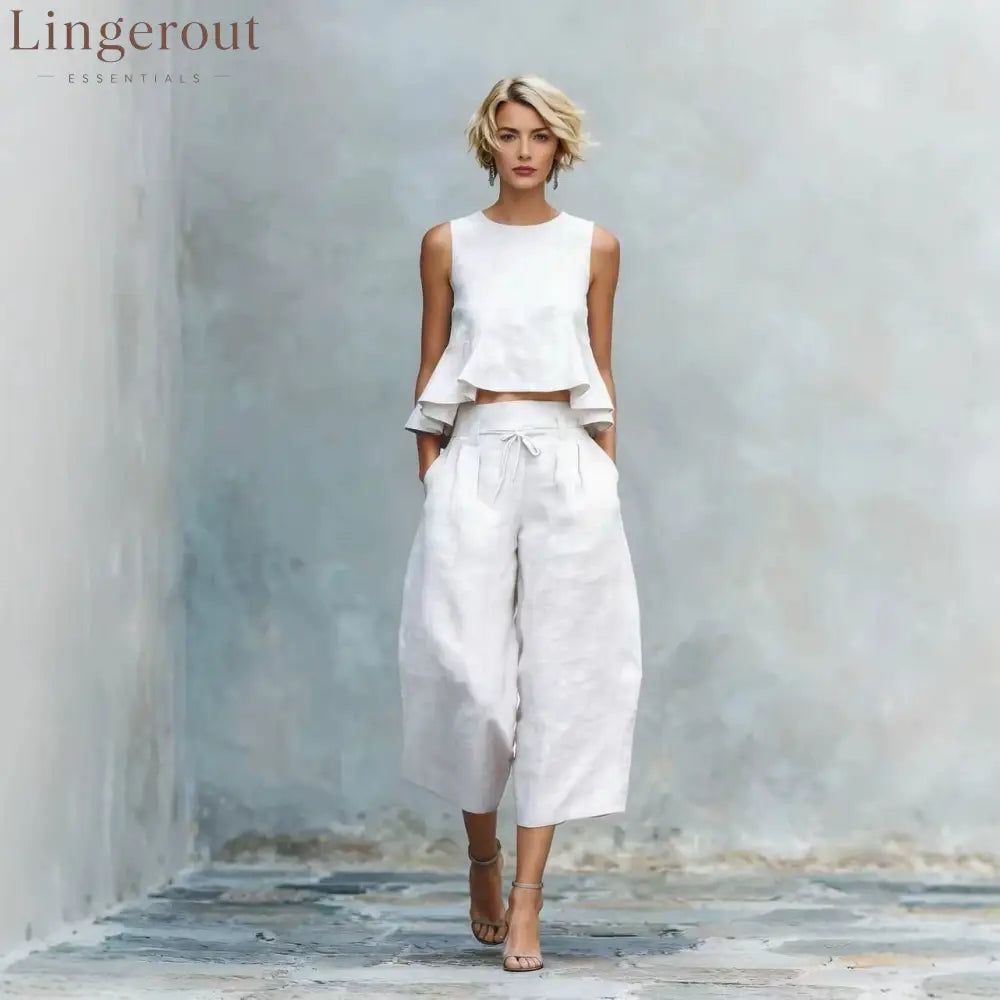 Linen Ruffle Crop Top Tie Waist Culotte Two Piece Set
