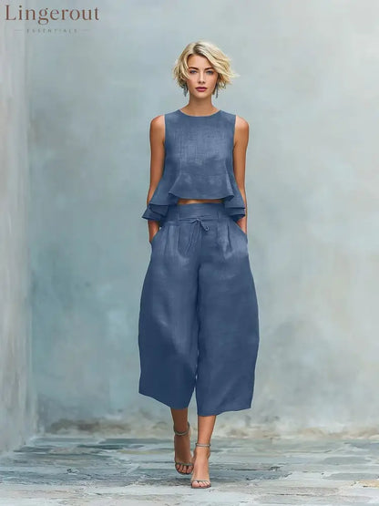 Linen Ruffle Crop Top Tie Waist Culotte Two Piece Set - Navy blue / S