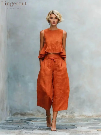 Linen Ruffle Crop Top Tie Waist Culotte Two Piece Set - Orange red / S